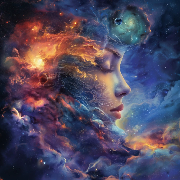 a profile of a woman and the cosmos